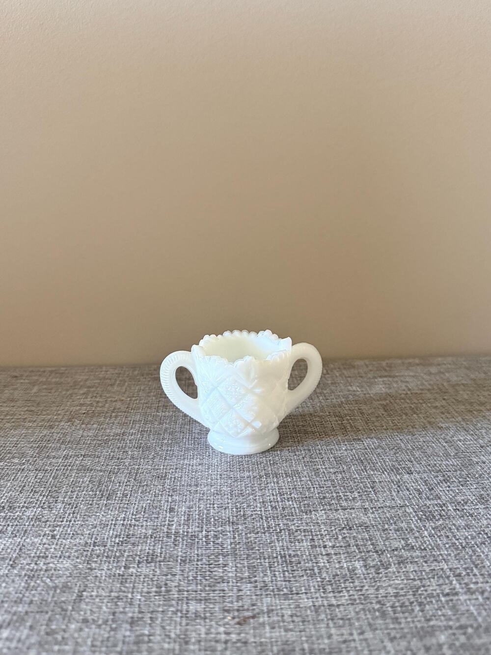 Vintage Milk Glass Sugar Bowl, Diamond Pattern, Handle, Cottage Decor,